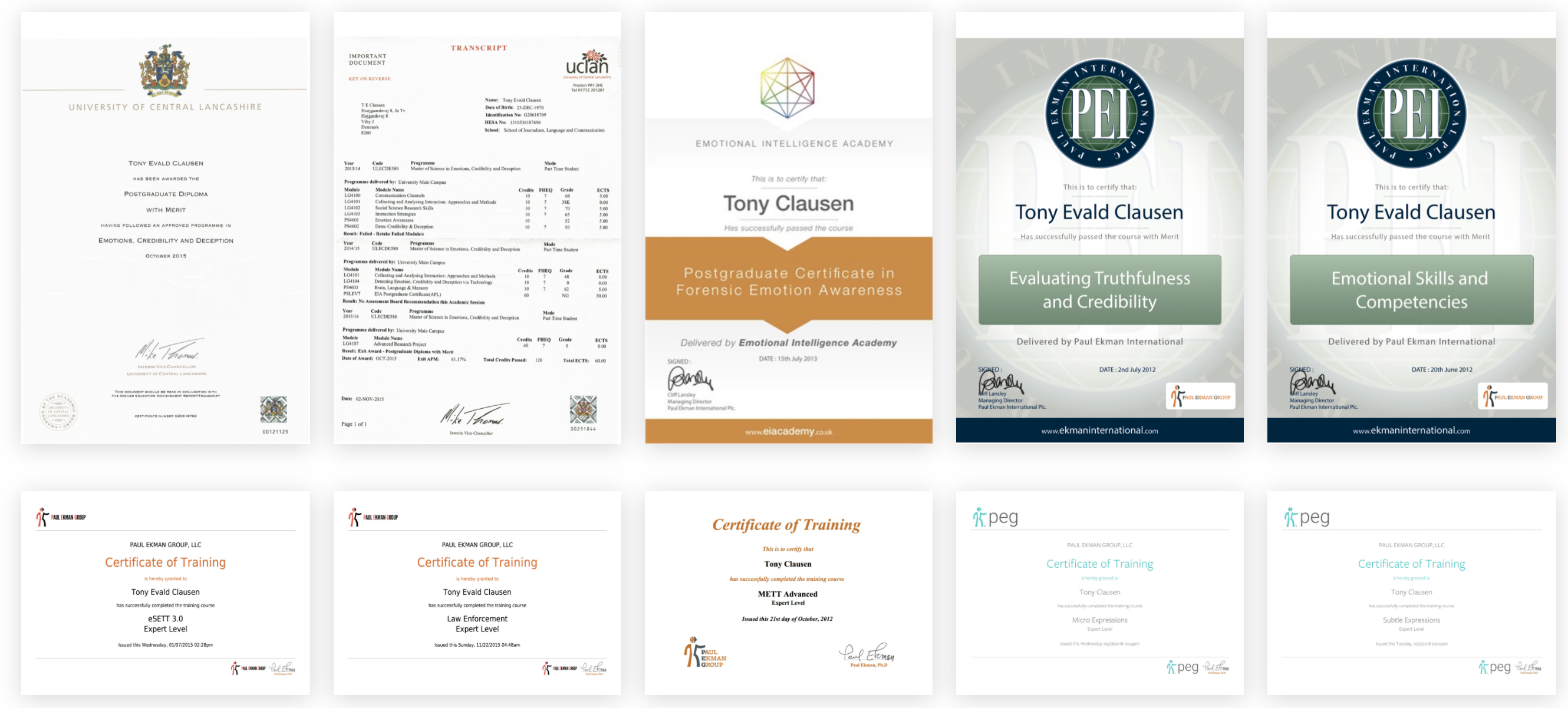 Tony Evald Clausen uddannelser og certificeringer